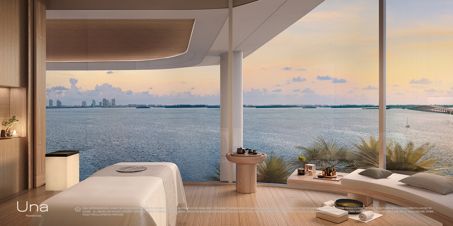 Una Residences full-service spa with bay views